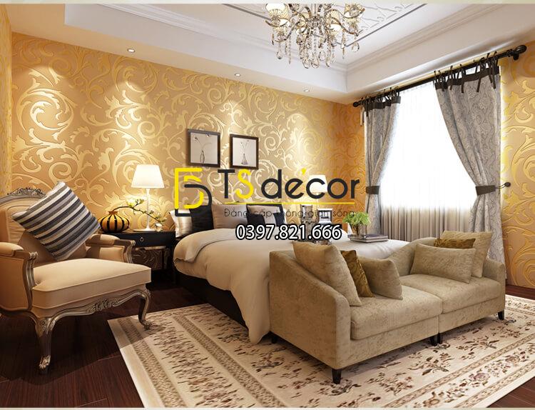 Giấy dán tường hoa móc vàng cổ điển 3D299 phòng ngủ