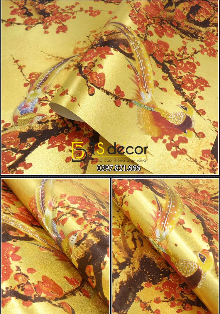 Giấy dán tường hoa đào đỏ chào tết đến xuân về 3D263 màu nhạt