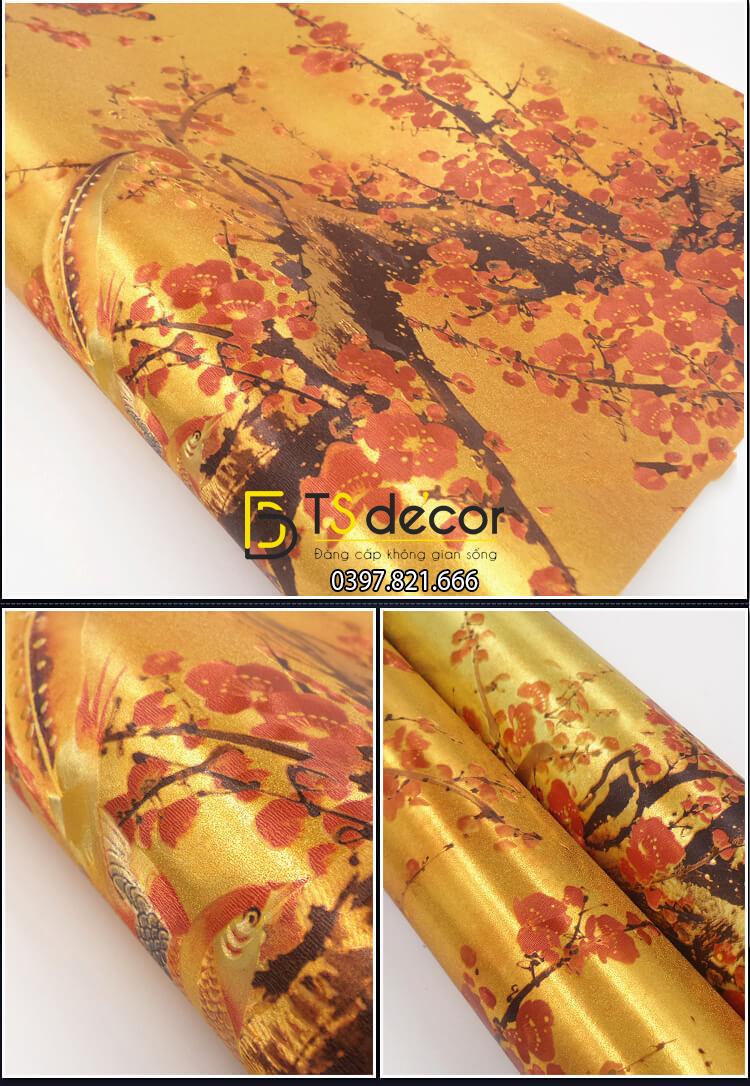 Giấy dán tường hoa đào đỏ chào tết đến xuân về 3D263 màu đậm