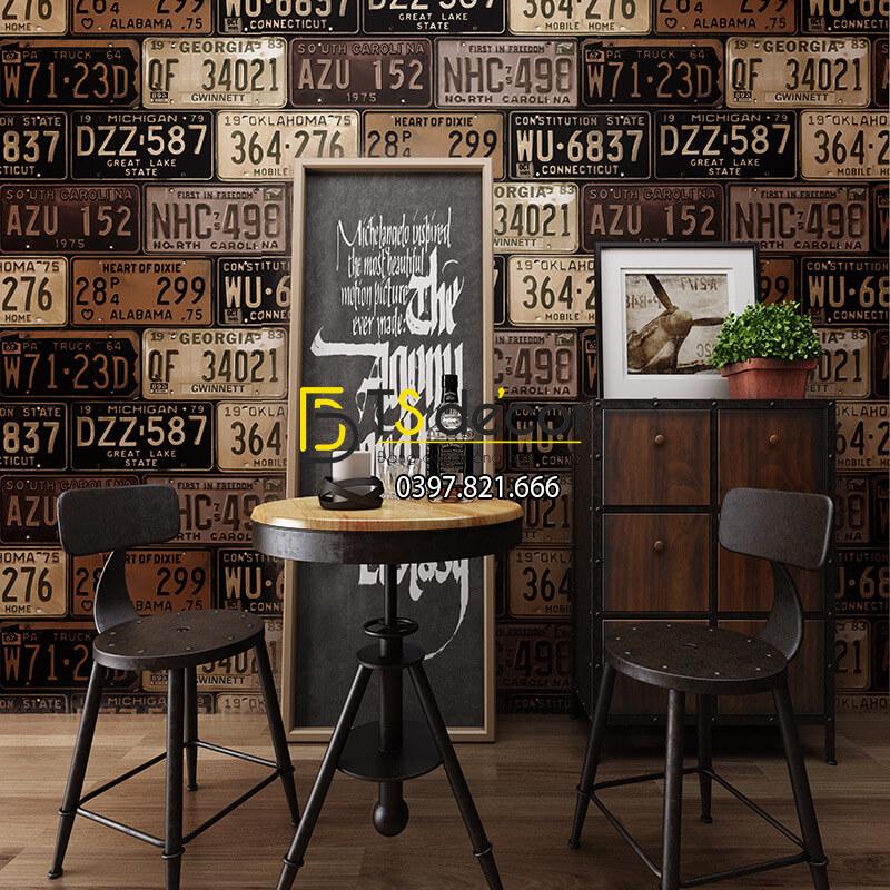 Giấy dán tường họa tiết biển số xe cho quán cafe trà sữa 3D307 màu nâu nhạt