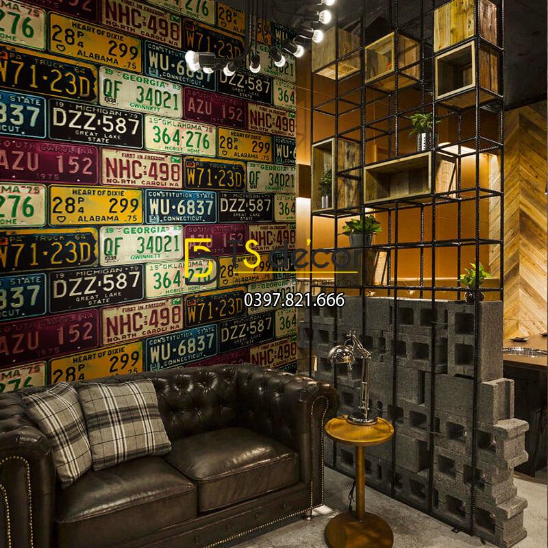 Giấy dán tường họa tiết biển số xe cho quán cafe trà sữa 3D307 màu sáng đậm