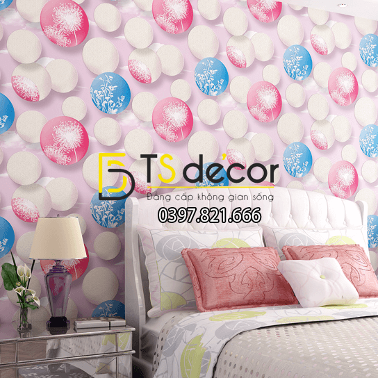 Giấy dán tường họa tiết bóng bay 3D278 màu hồng phòng ngủ