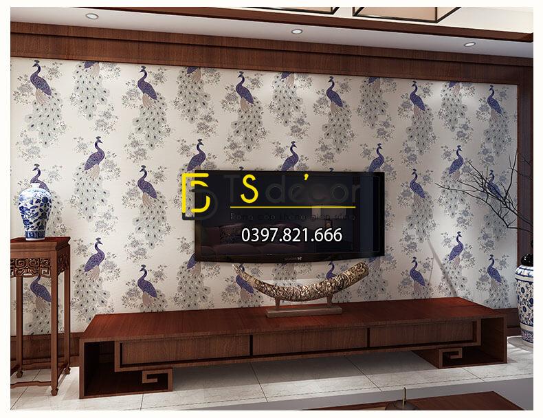Giấy dán tường họa tiết chim công xanh 3D265 trang trí phòng khách