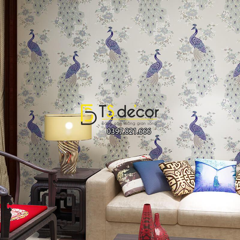 Giấy dán tường họa tiết chim công xanh 3D265