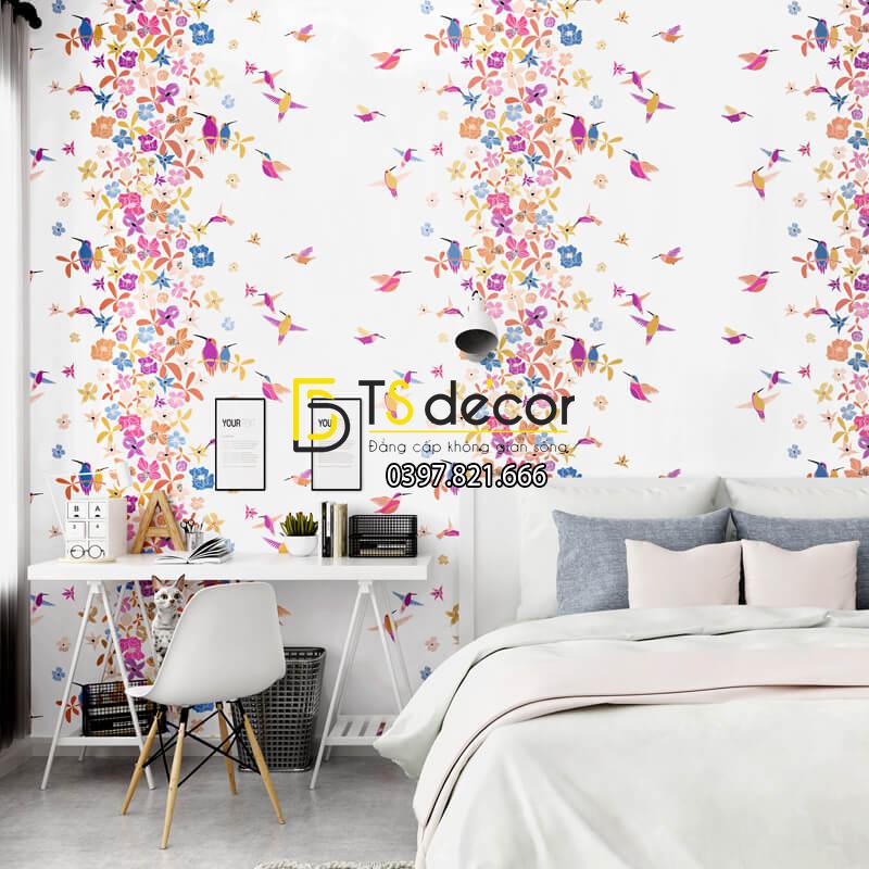 Giấy dán tường họa tiết chim hút mật hoa 3D259 màu hồng dán phòng ngủ