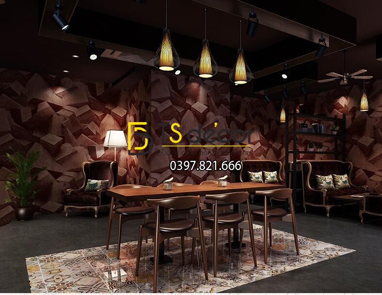 Giấy dán tường họa tiết khối đá 3 chiều 3D306 màu nâu đỏ quán cafe