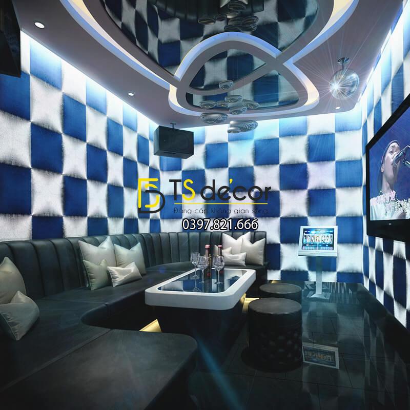 Giấy dán tường karaoke caro ô vuông lồi 3D271 màu xanh trắng