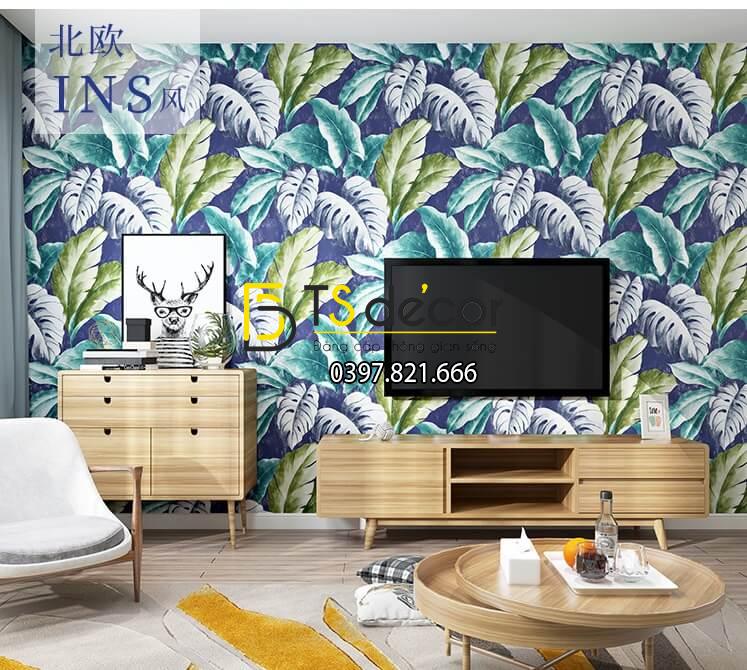 Giấy dán tường lá khoai môn xanh tím 3D258 trang trí phòng khách
