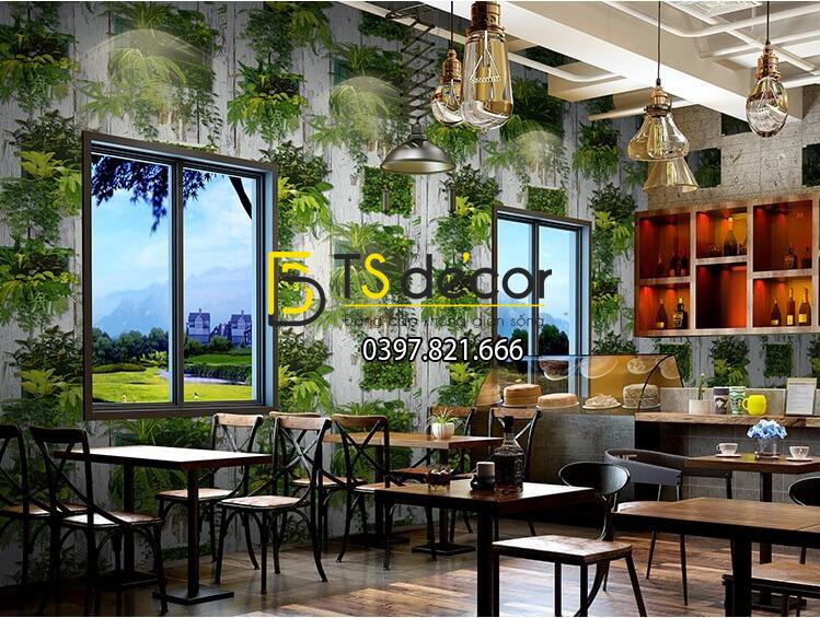 Giấy dán tường lá cây trên nền gỗ mục 3D311 quán trà sữa