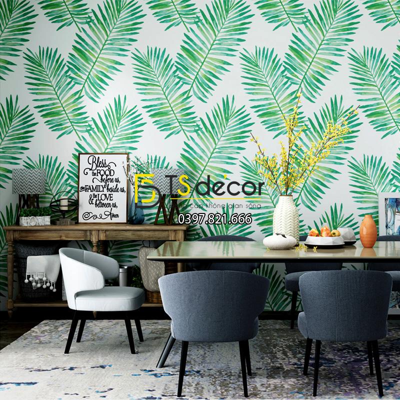 Giấy dán tường lá vạn tuế xanh 3D209 trang trí phòng ăn