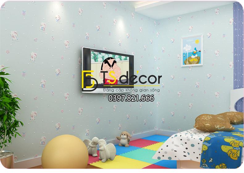 Giấy Dán Tường Mèo Hello Kitty màu xanh đậm