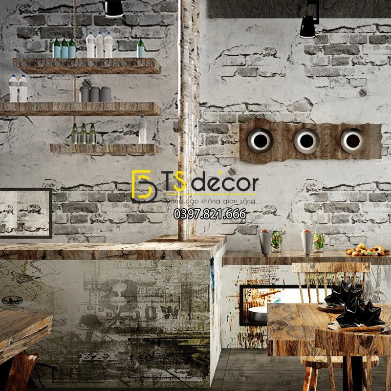 Giấy dán tường quán cafe tường gạch cổ 3D109 màu trắng