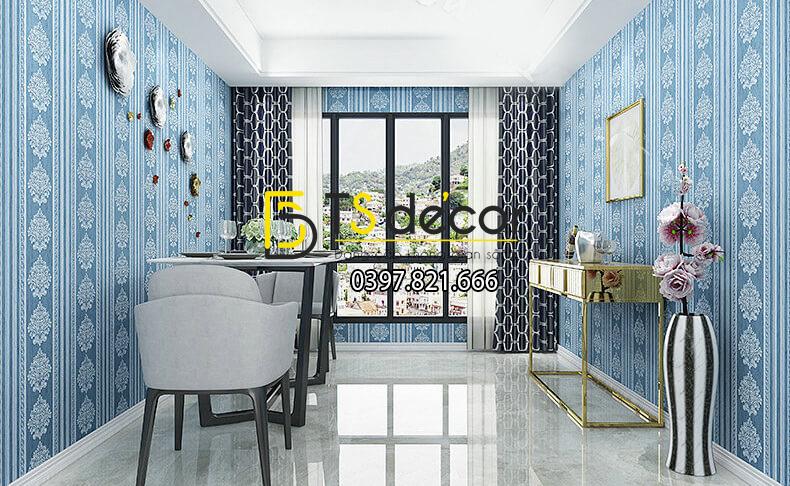 Giấy dán tường sọc dọc cổ điển sang trọng 3D276 màu xanh dương phòng khách