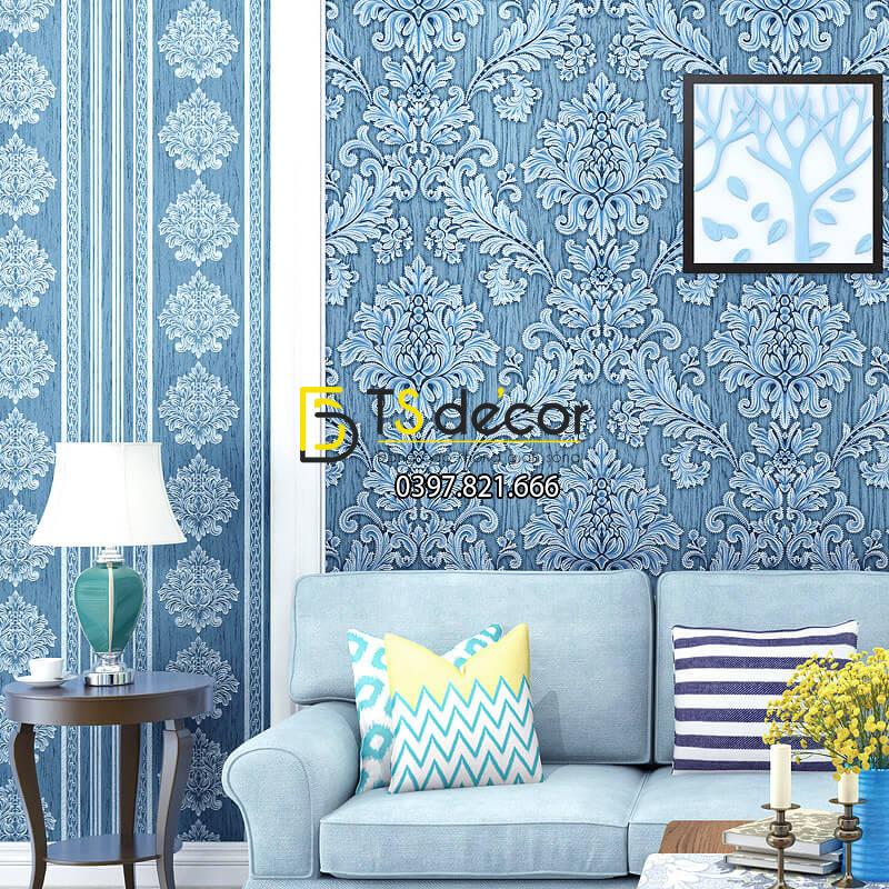 Giấy dán tường sọc dọc cổ điển sang trọng 3D276 màu xanh dương phòng khách sang trọng