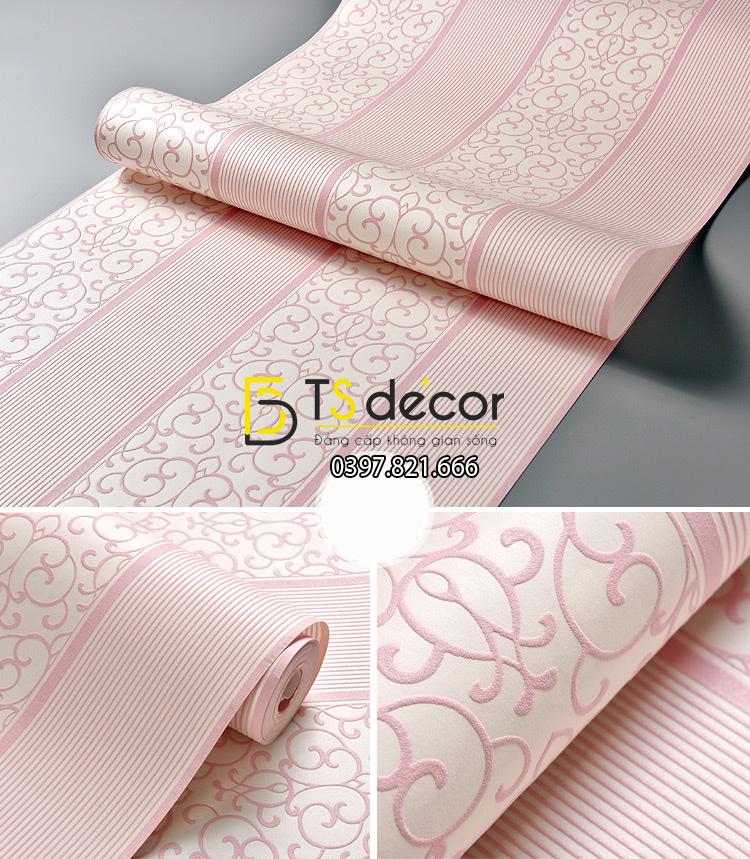 Giấy dán tường sọc dọc kèm hoa văn dập nổi 3D101 màu hồng 606
