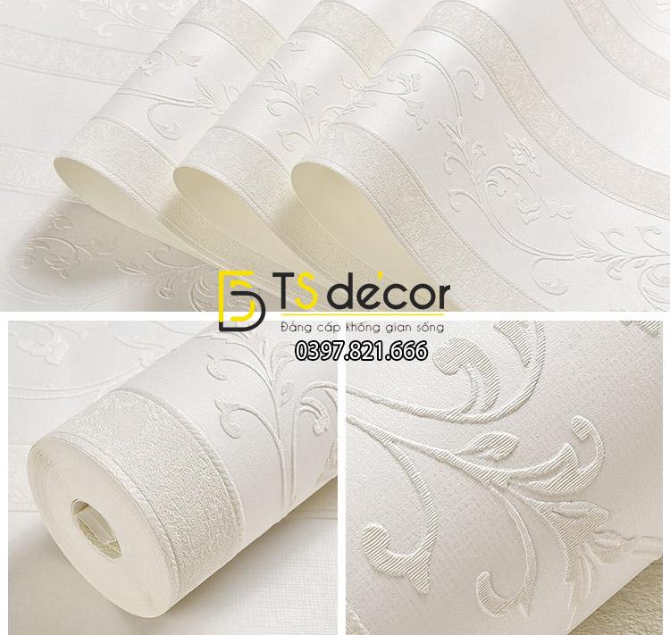 Giấy dán tường sọc dọc phối dây leo 3D084 màu trắng trang trí phòng ngủ