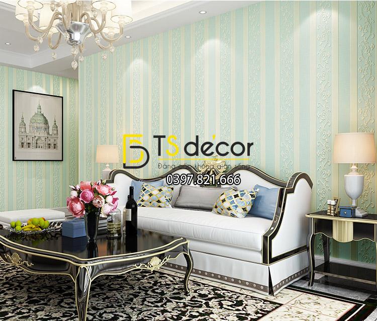 Giấy dán tường sọc dọc phối dây leo 3D084 màu vàng xanh trang trí phòng khách sang trọng