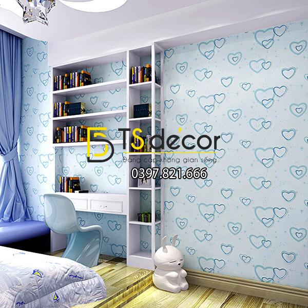 Giấy dán tường trái tim lãng mạn 3D286 màu xanh phòng học làm việc