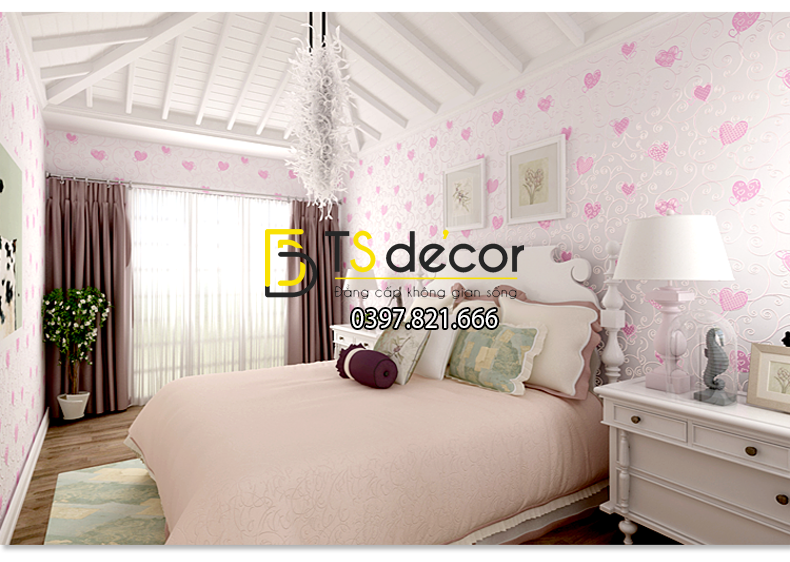 Giấy Dán Tường Họa Tiết Trái Tim 3D075 màu hồng