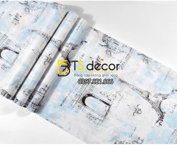 Mat Giay dan tuong thap Eiffel cho quan cafe, cắt tóc 3D254 màu xanh