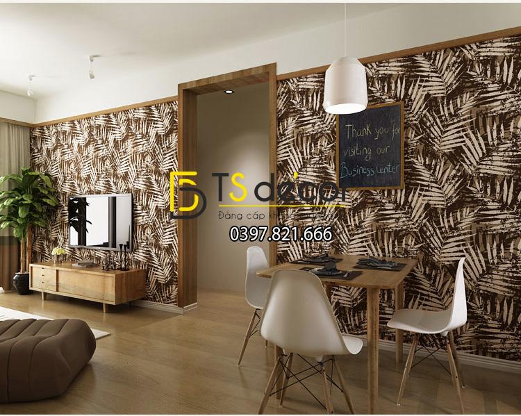 Giấy dán tường lá cọ màu nâu đậm 3D160 dán quán trà sữa