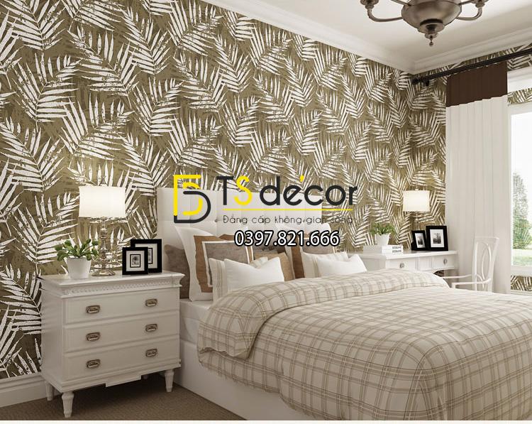 Giấy dán tường lá cọ màu nâu nhạt 3D160 dán phòng ngủ