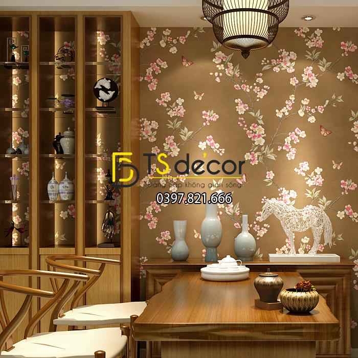 Giấy dán tường hoa đào và bướm hoa hồng nền nâu
