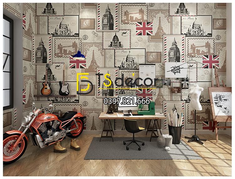 Giấy dán tường họa tiết tem thư 3D157 dán phòng làm việc