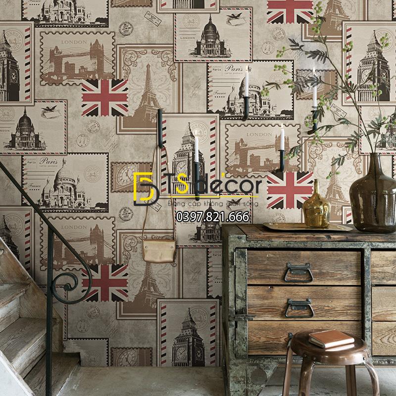 Giấy dán tường họa tiết tem thư 3D157 dán quán cafe