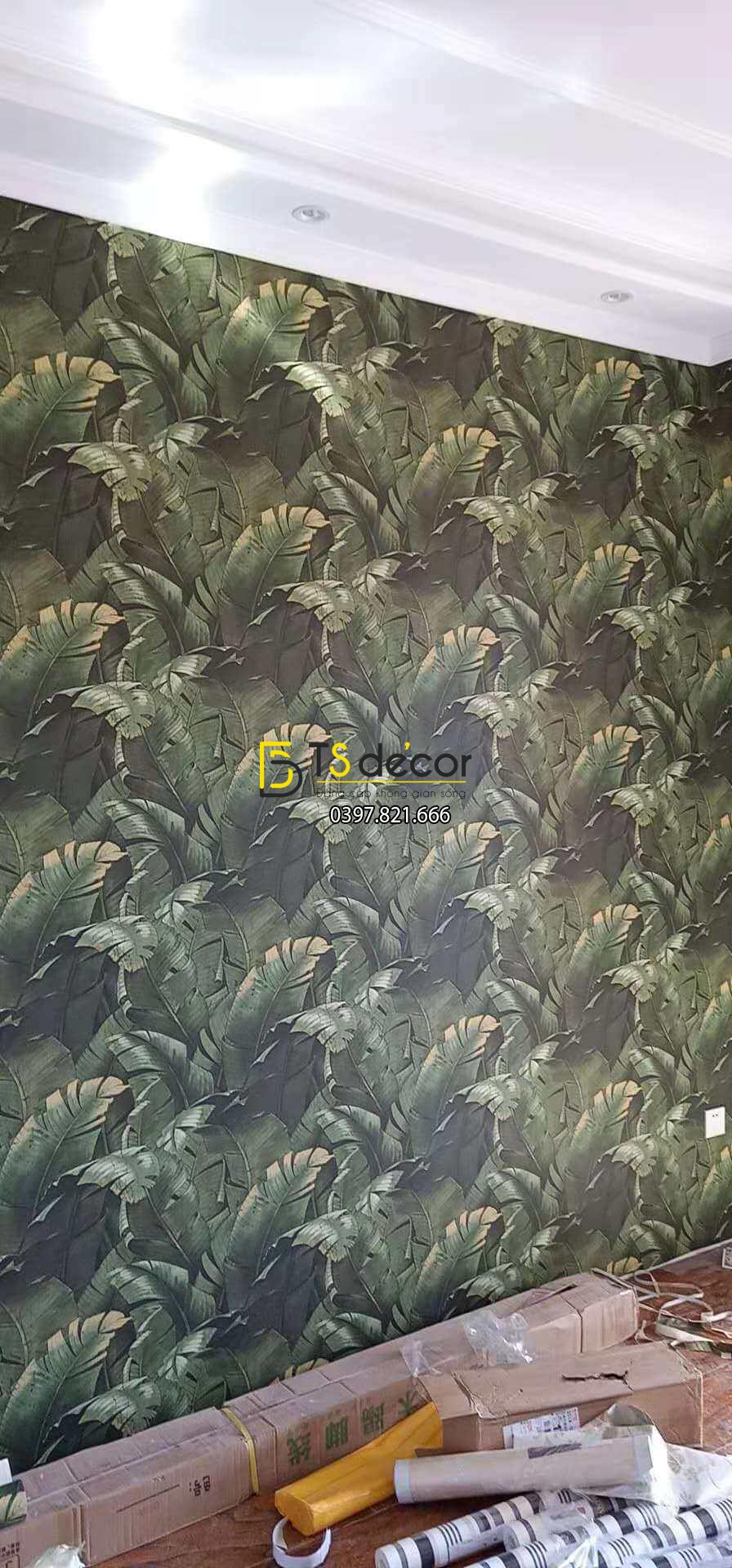 Thi công Giấy dán tường họa tiết lá chuối dân dã 3D262