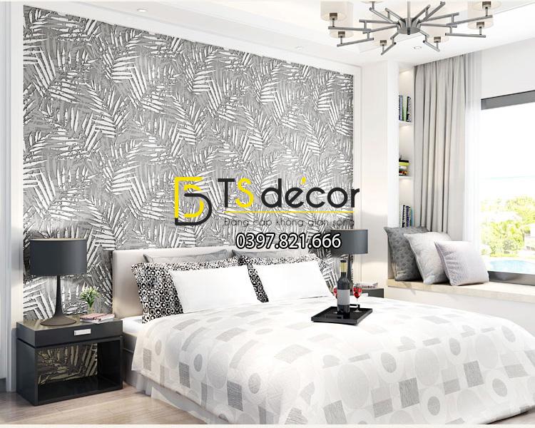 Giấy dán tường lá cọ màu trắng 3D160 phòng ngủ