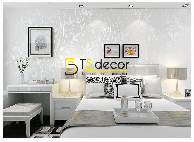 Giấy dán tường 3D họa tiết lá cây màu trắng gạo