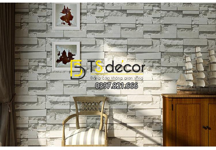 Giấy Dán Tường 3D Giả Gạch Đá 3D080 màu trắng tại phòng khách