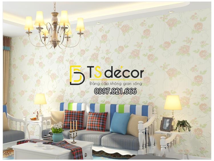 Giấy Dán Tường Hoa Hồng Dập Nổi 3D077 tông màu trắng nhẹ nhàng trang trí phòng khách.