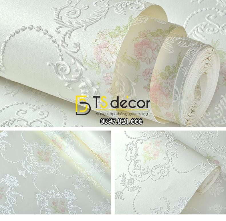 Giấy dán tường 3d họa tiết hoa lá cách điệu dập nổi màu trắng