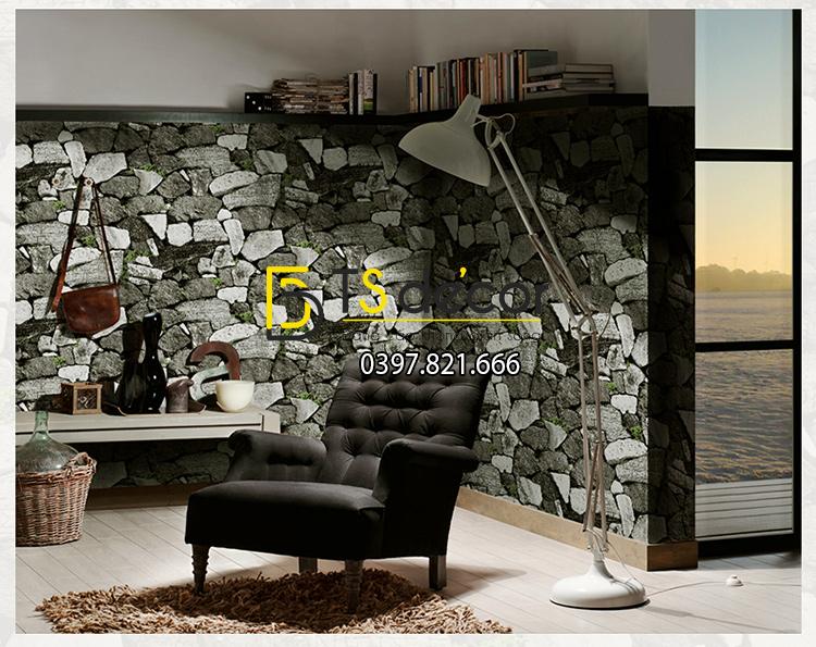 Giấy dán tường giả tường đá trắng đen cổ 3D154 phòng khách
