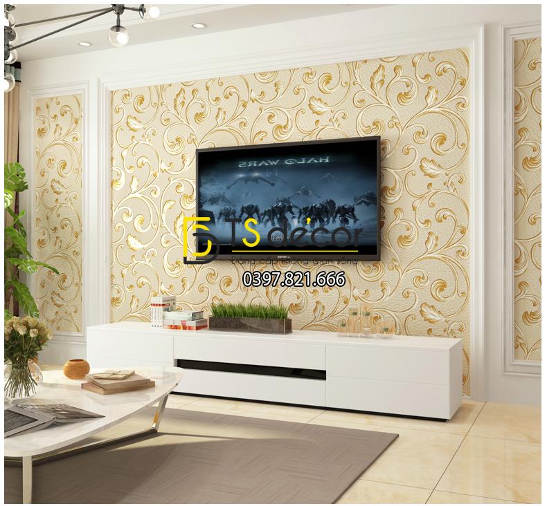 Giấy dán tường lá sen móc hoa 3D150 màu vàng
