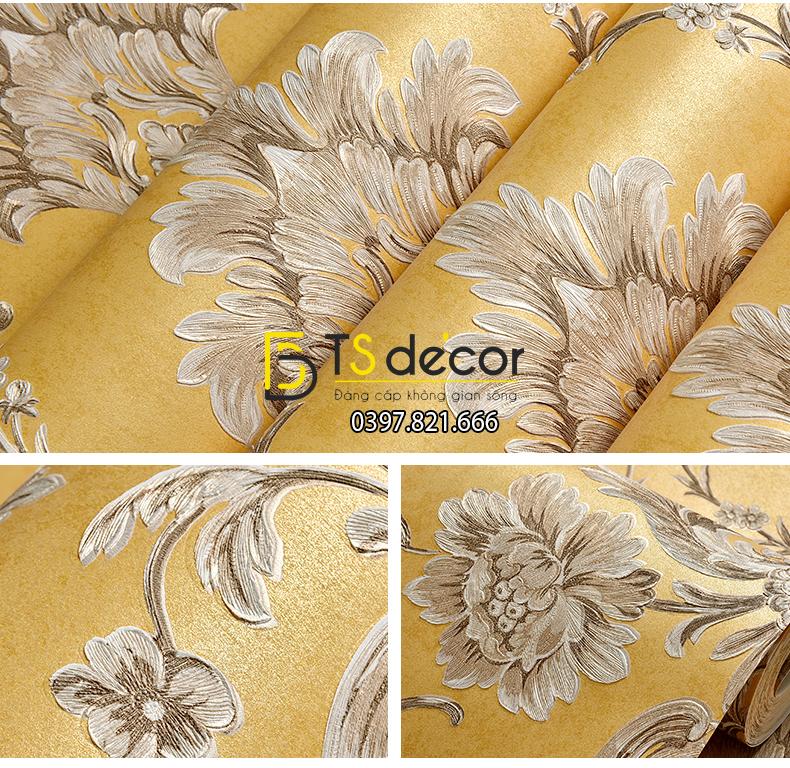 Giấy dán tường họa tiết hoa dập nổi đính kim cương – Màu vàng