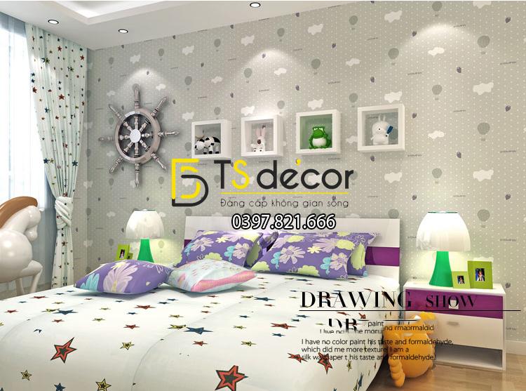 Màu xám Giấy Dán Tường 3D Phòng Của Bé Họa Tiết Mây Khinh Khí Cầu