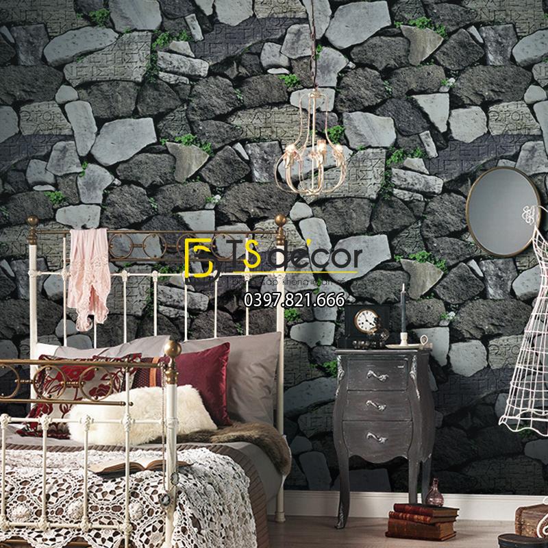 Giấy dán tường giả tường đá xám đen cổ 3D154