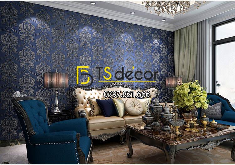 Giấy dán tường họa tiết tân cổ điển 3D148 – màu xanh