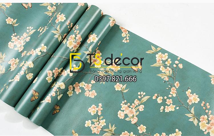 Giấy dán tường hoa đào và bướm hoa trắng nền xanh