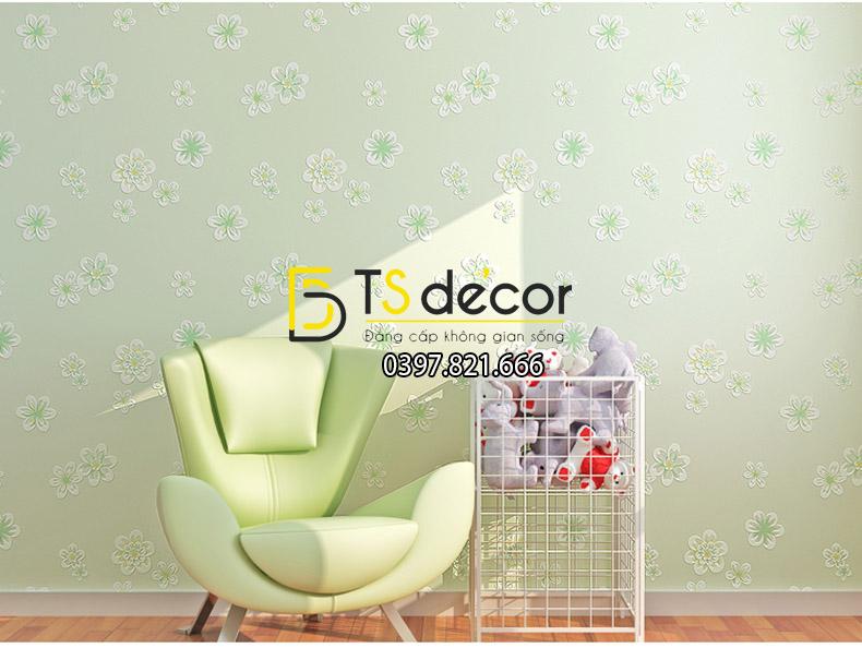 Giấy dán tường họa tiết hoa đào màu xanh trang trí phòng trẻ em