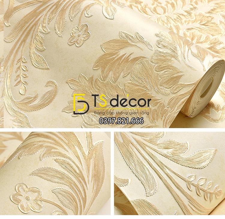 Giấy dán tường hoa văn lá cây dập nổi màu be