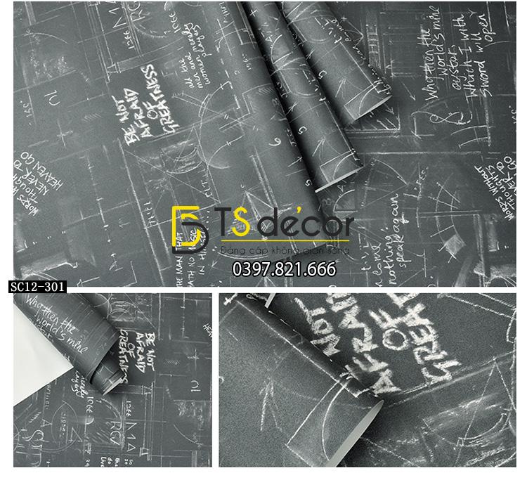 Giấy dán tường họa tiết bảng đen phấn trắng 3D158 mẫu tối
