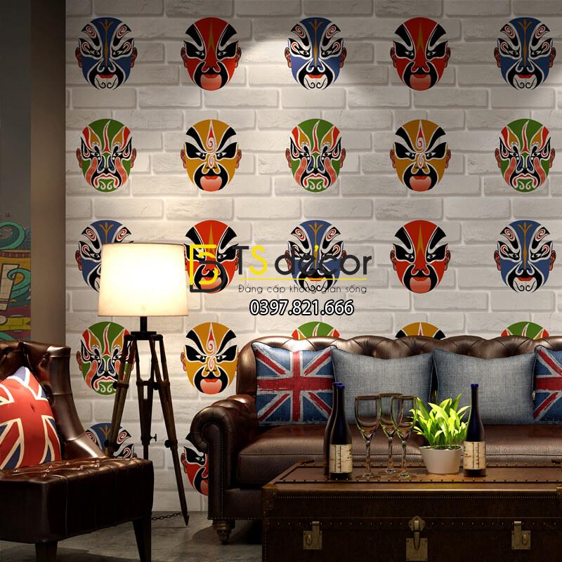 Giấy dán tường mặt nạ tuồng chèo 3D316 tông trắng