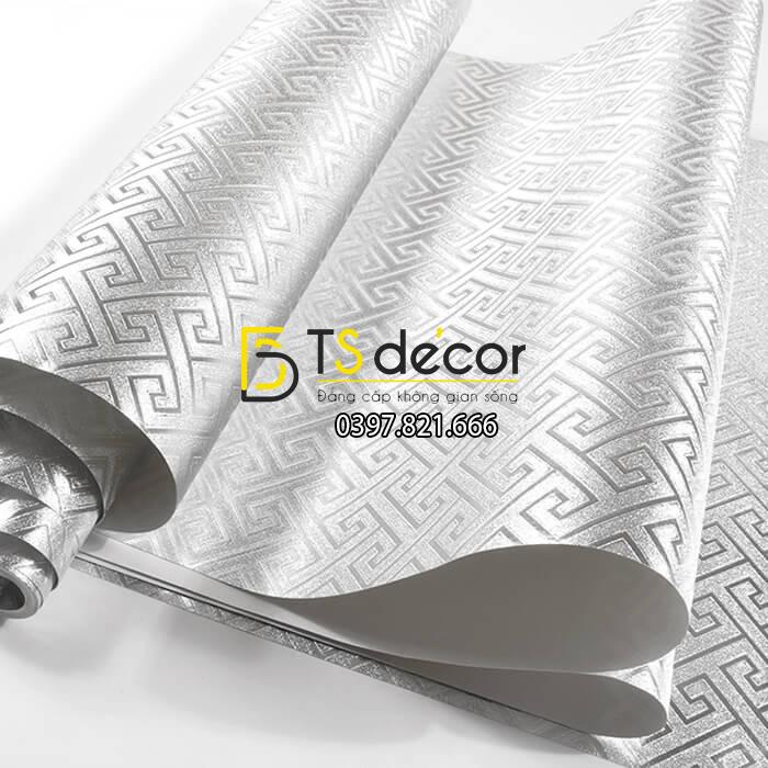Giấy dán tường phòng thờ móc vuông bạc 3D318