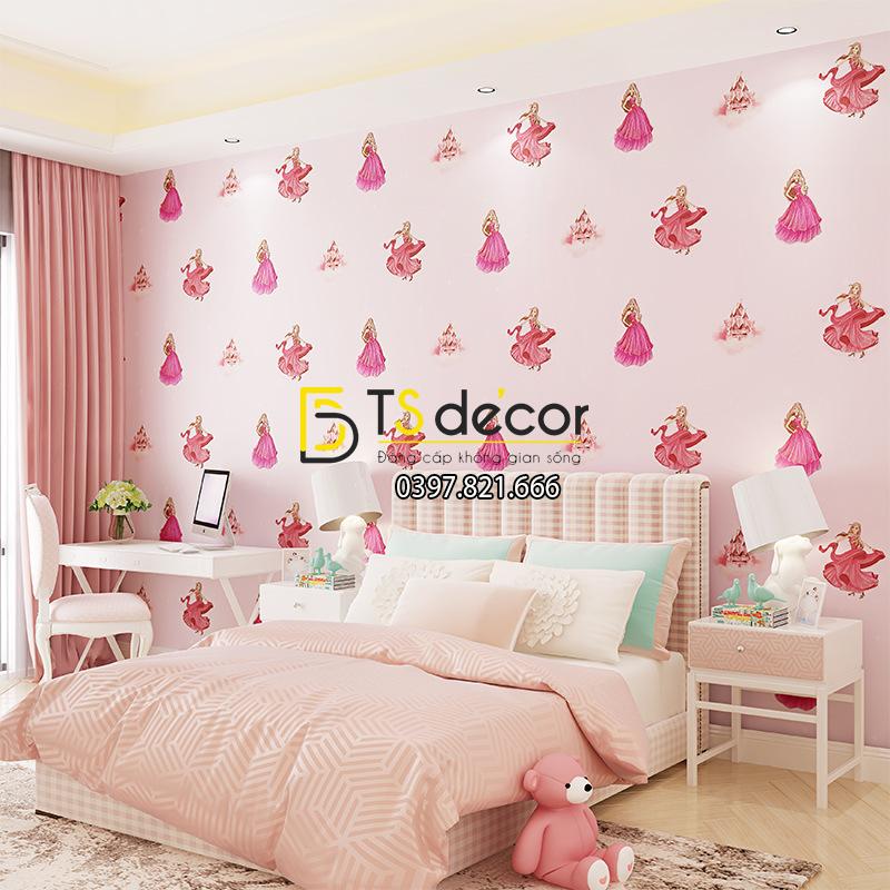Giấy dán tường công chúa 3D322 phòng của bé màu hồng