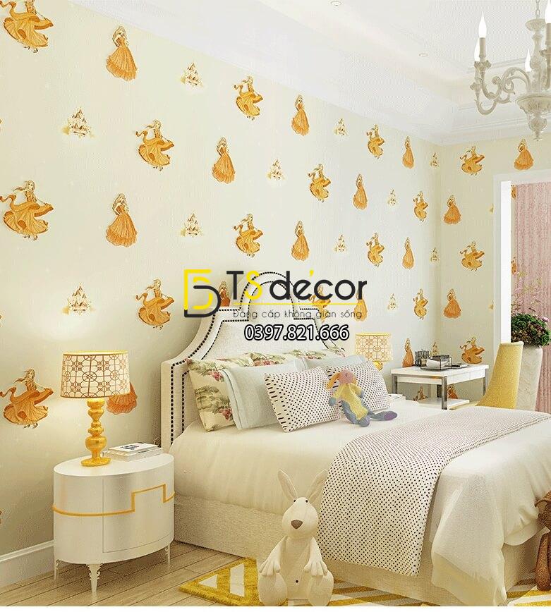 Giấy dán tường công chúa 3D322 phòng của bé màu vàng