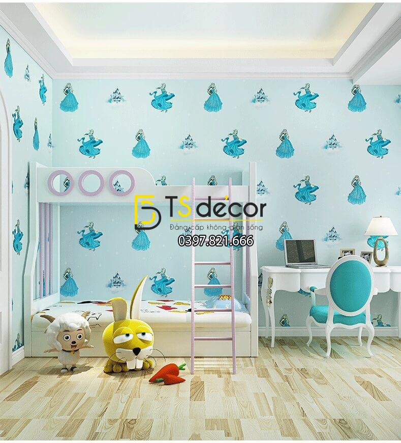Giấy dán tường công chúa 3D322 phòng của bé màu xanh